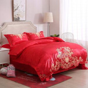 I-MART King Size Chinese Wedding Red Bedding Set, Asian Bedding with Dragon and Phoenix Bird Embroidery Duvet Cover Set of 4