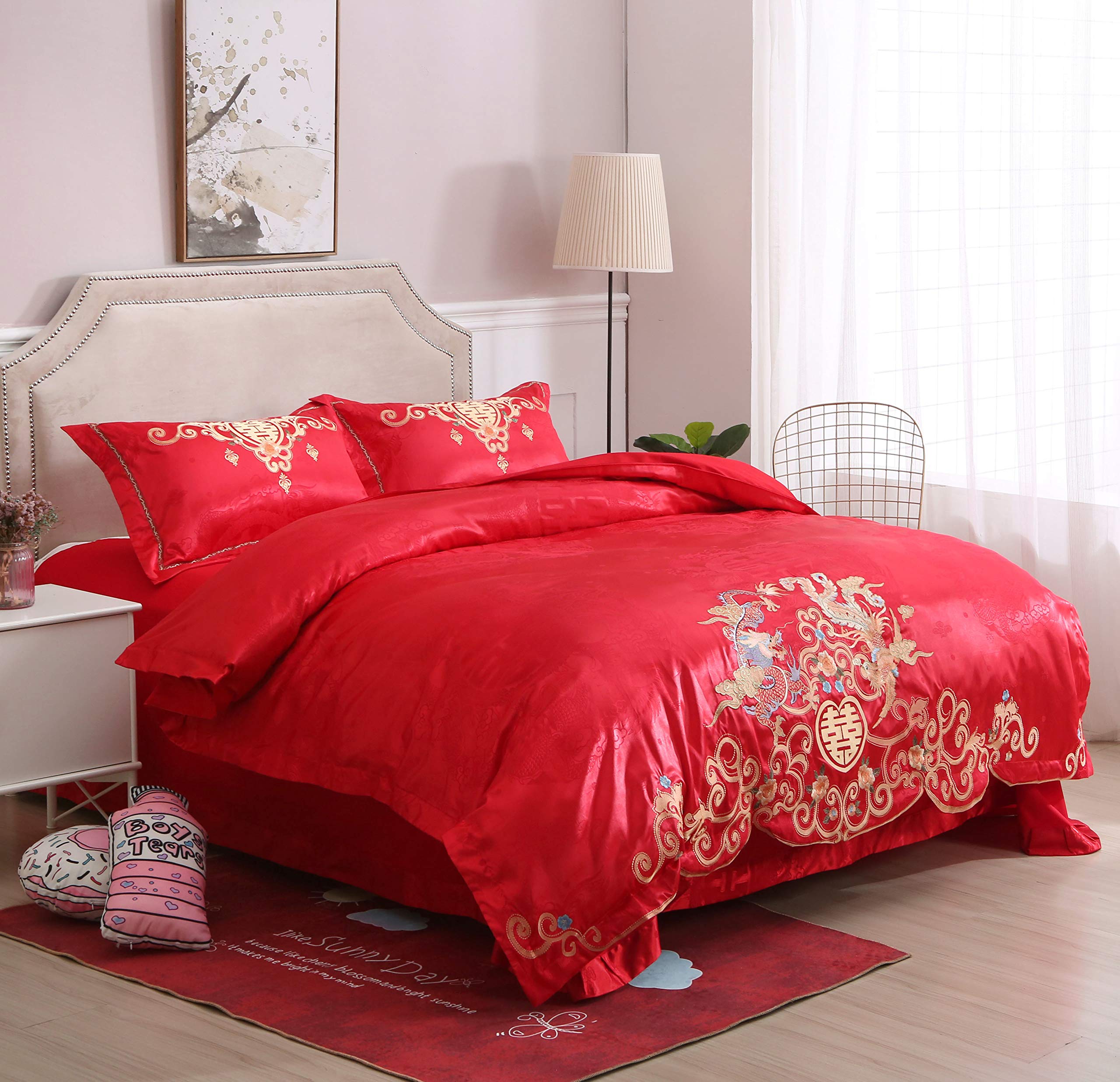 I-MART King Size Chinese Wedding Red Bedding Set, Asian Bedding with Dragon and Phoenix Bird Embroidery Duvet Cover Set of 4