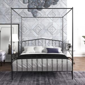 tensun detachable queen anti-noise platform metal canopy bed with headboard,black