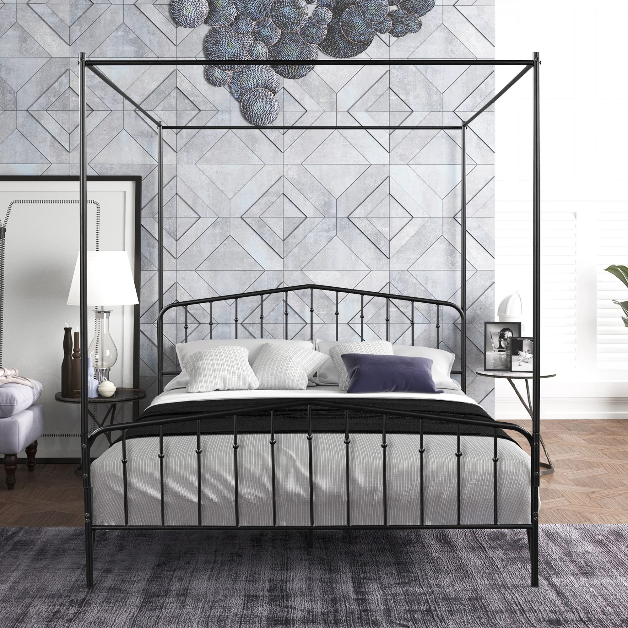 Tensun Detachable Queen Anti-Noise Platform Metal Canopy Bed with Headboard,Black