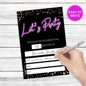 Neon Birthday Invitations, Glow Theme Birthday Party Invites Decorations, Kids Adults Birthday Party and Events Supplies, 20 Fill-in Invites Cards with Matching Envelopes（YQK-024）