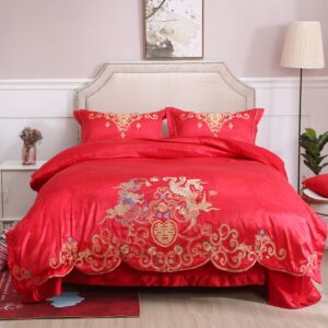 I-MART King Size Chinese Wedding Red Bedding Set, Asian Bedding with Dragon and Phoenix Bird Embroidery Duvet Cover Set of 4