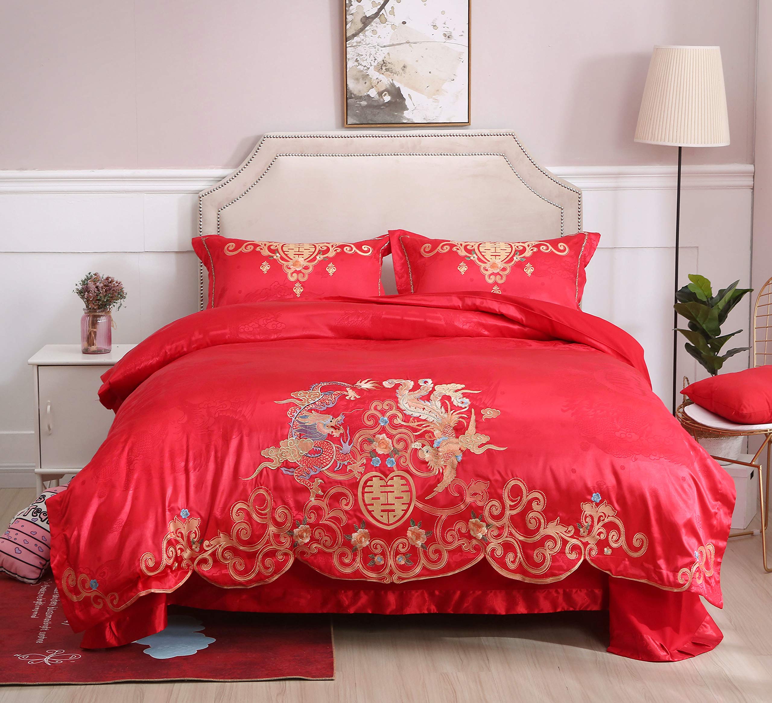 I-MART King Size Chinese Wedding Red Bedding Set, Asian Bedding with Dragon and Phoenix Bird Embroidery Duvet Cover Set of 4