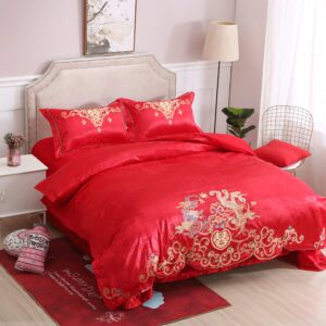 I-MART King Size Chinese Wedding Red Bedding Set, Asian Bedding with Dragon and Phoenix Bird Embroidery Duvet Cover Set of 4