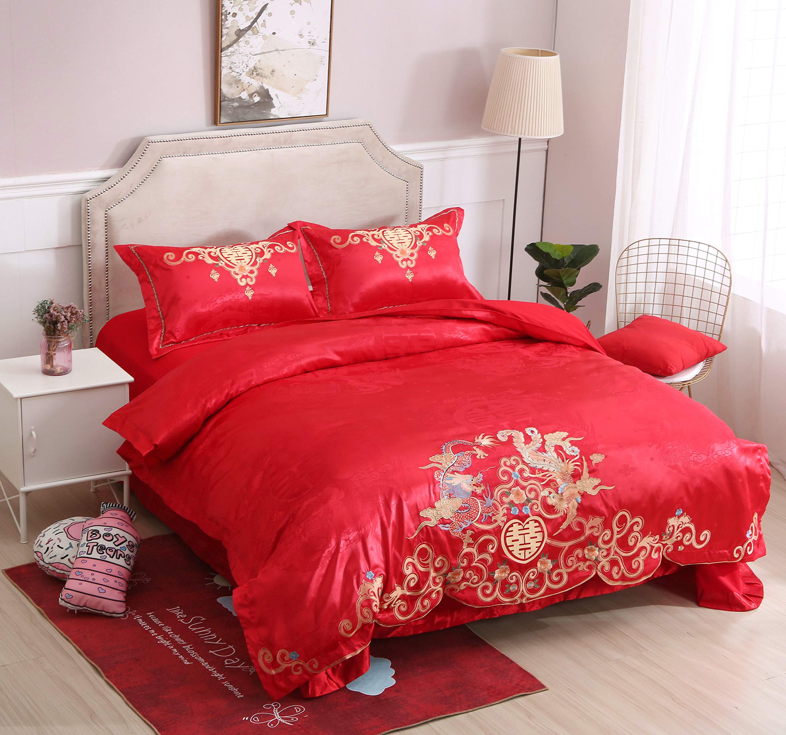 I-MART King Size Chinese Wedding Red Bedding Set, Asian Bedding with Dragon and Phoenix Bird Embroidery Duvet Cover Set of 4