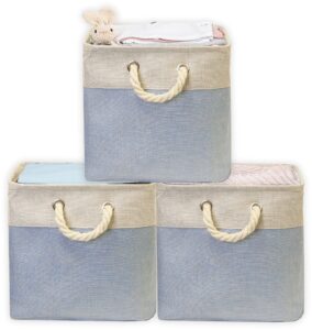 simple houseware cotton handle extra large fabric cube storage bin, 3 pack, blue