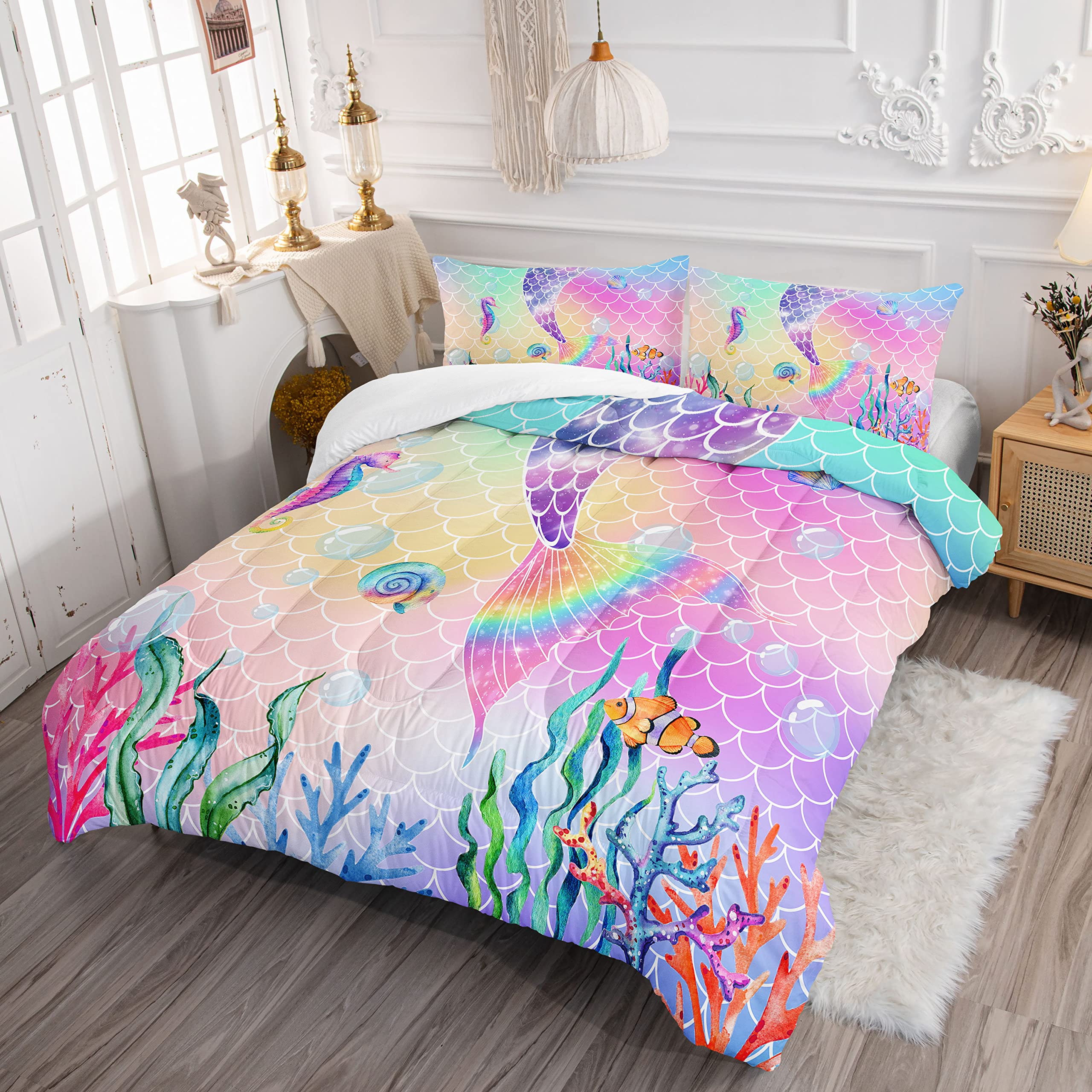 Datura home Bedding Comforter Set Rainbow Pink Mermaid Tail Printed Pattern Quilt with 1 and 2 Pillowcases for Girls Bedroom All Season(Rainbow Full) Full 80x90inches