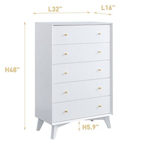 T4TREAM 5 Drawer Dresser for Bedroom, 48" Tall Mid-Century Modern Chest of Drawers, Beveled Profile Design, Wood Drawer Organizer for Bedroom, Living Room, Hallway and Entryway, Solid White