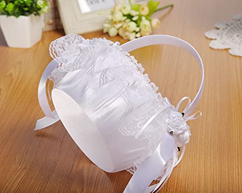 2 PCS Wedding Flower Baskets for Girls,Creative Hand-held Lace Romantic White Flower Baskets for for Flower Bride/Kids Hand Held Wedding Ceremony Party Accessories