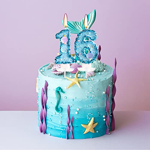 KINBOM 3inch Birthday Number Candles, Blue Glitter Number Candle Cake Topper Shell Sequins Cake Numeral Candles Number Candles for Birthday Anniversary Mermaid Themed Party (Number 7)