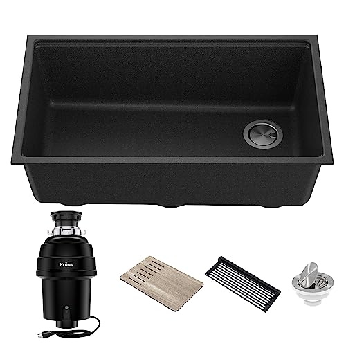 Kraus KGUW2-33MB-100-100, Bellucci Workstation 32 in. Undermount Granite Composite Single Bowl Kitchen Sink in Metallic Black with WasteGuard 1 HP Continuous Feed Garbage Disposal and Accessories