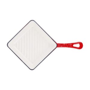 Lava Enameled Cast Iron Mini Ceramic Grill Pan - 8 inch Square, Small Cast Iron Skillet with White Ceramic Enamel Coated Interior, Baby Collection (Red)