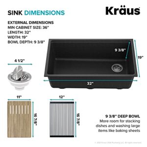 Kraus KGUW2-33MB-100-100, Bellucci Workstation 32 in. Undermount Granite Composite Single Bowl Kitchen Sink in Metallic Black with WasteGuard 1 HP Continuous Feed Garbage Disposal and Accessories