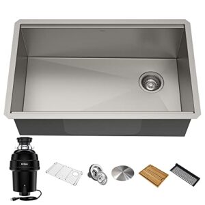 kraus kwu110-32-100-100mb, kore workstation 32-inch undermount 16 gauge single bowl stainless steel kitchen sink with wasteguard 1 hp continuous feed garbage disposal