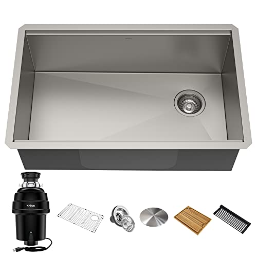 Kraus KWU110-32-100-100MB, Kore Workstation 32-inch Undermount 16 Gauge Single Bowl Stainless Steel Kitchen Sink with WasteGuard 1 HP Continuous Feed Garbage Disposal