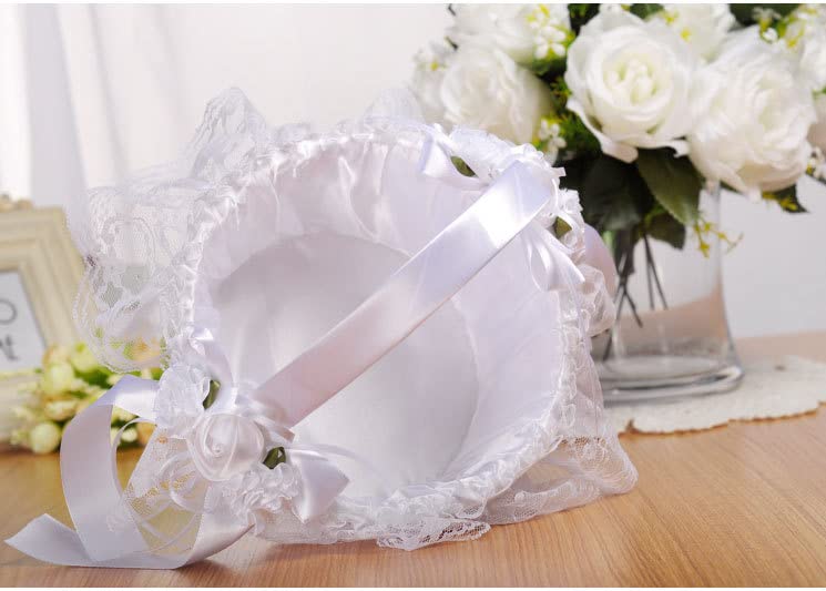 2 PCS Wedding Flower Baskets for Girls,Creative Hand-held Lace Romantic White Flower Baskets for for Flower Bride/Kids Hand Held Wedding Ceremony Party Accessories