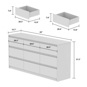 Homsee 9 Drawers Double Dresser, Modern Wood Dresser Chest of Drawers with Large Storage Space for Bedroom, White (63”L x 15.7”W x 31.5”H)