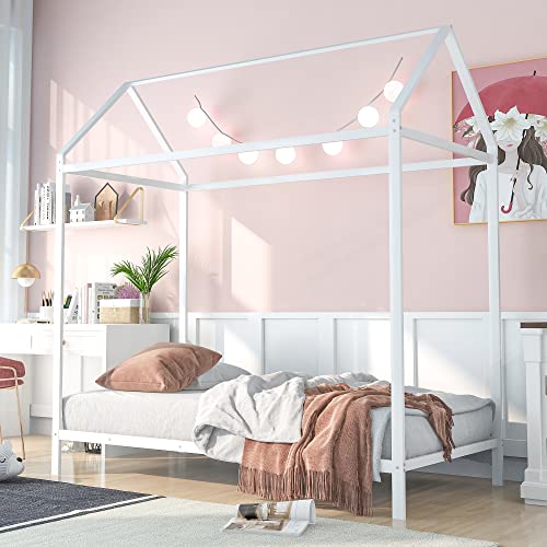 Merax Montessori Bed Twin Metal House Bed for Kids Boys,Girls, No Box Spring Needed, Noise Free (Twin,White)