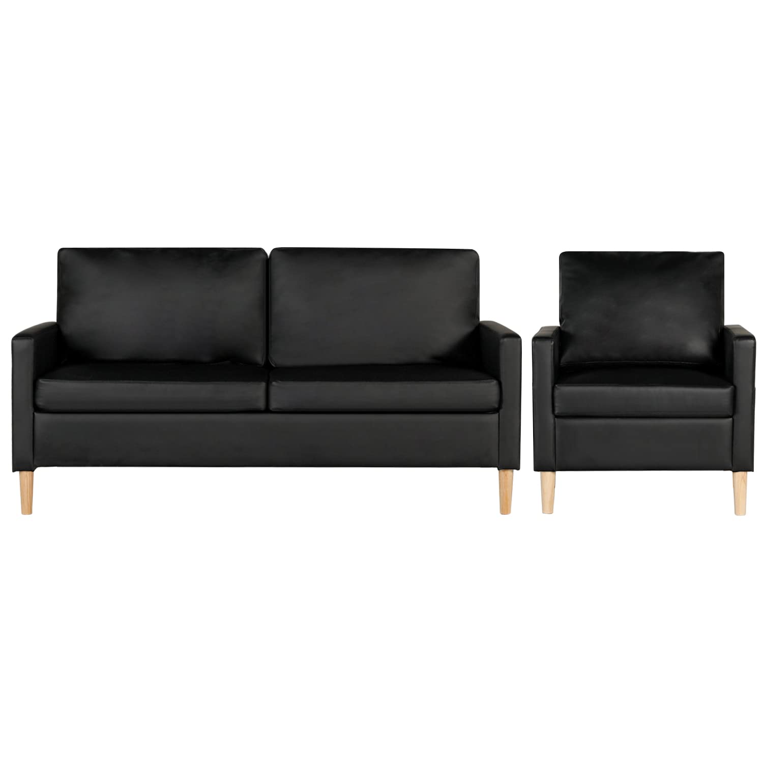 AILEEKISS Mid-Century Sectional Sofa Sets 2 Pieces Faux Leather Loveseat Couches with 2 USB Living Room Furniture Accent Arm Chairs for Small Space, Apartment, Office (Black, 1-Seater+3-Seater)