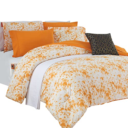 Elegant Comfort Reversible 10-Piece Comforter Set, Tie-Dye Print, Decorative Pillow and Fitted Sheet with Smart Pockets, Soft, Plush, Lightweight Material, 10pc Tie-Dye Set, King, Orange