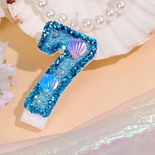 KINBOM 3inch Birthday Number Candles, Blue Glitter Number Candle Cake Topper Shell Sequins Cake Numeral Candles Number Candles for Birthday Anniversary Mermaid Themed Party (Number 7)