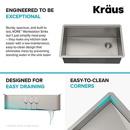 Kraus KWU110-30-100-100MB, Kore Workstation 30-inch Undermount 16 Gauge Single Bowl Stainless Steel Kitchen Sink with WasteGuard 1 HP Continuous Feed Garbage Disposal