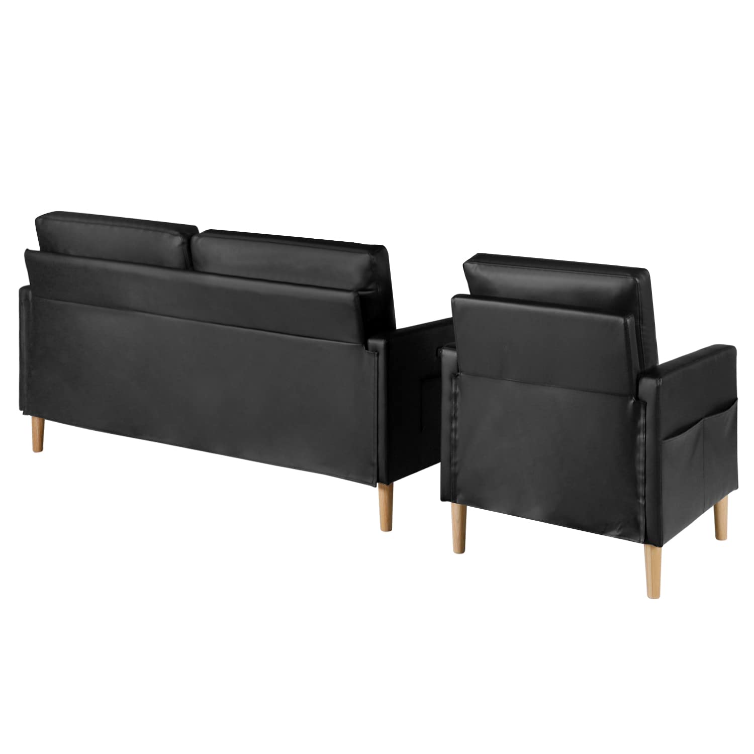 AILEEKISS Mid-Century Sectional Sofa Sets 2 Pieces Faux Leather Loveseat Couches with 2 USB Living Room Furniture Accent Arm Chairs for Small Space, Apartment, Office (Black, 1-Seater+3-Seater)