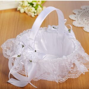 2 PCS Wedding Flower Baskets for Girls,Creative Hand-held Lace Romantic White Flower Baskets for for Flower Bride/Kids Hand Held Wedding Ceremony Party Accessories