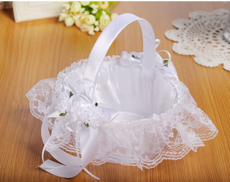 2 PCS Wedding Flower Baskets for Girls,Creative Hand-held Lace Romantic White Flower Baskets for for Flower Bride/Kids Hand Held Wedding Ceremony Party Accessories