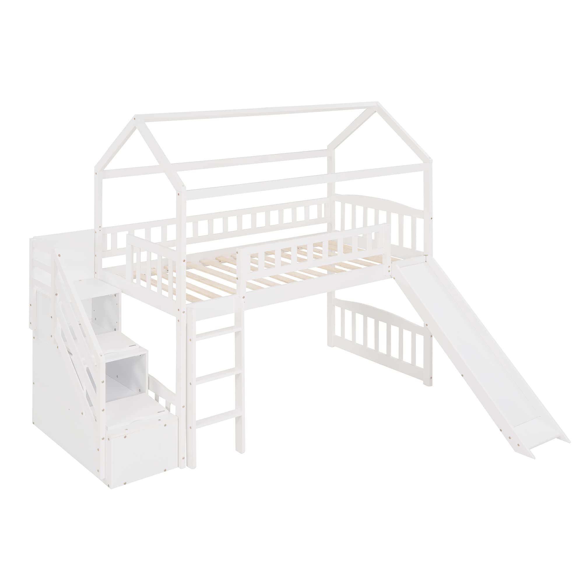 Harper & Bright Designs Loft Bed with Stairs and Slide, House Loft Bed Twin Size with Step Storage Drawers Stairway Playhouse Bed for Kids Toddlers Girls, Boys, No Box Spring Needed (Twin, White)