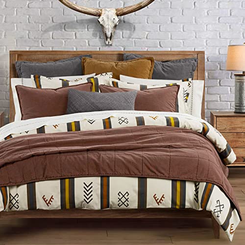 HiEnd Accents Toluca Canvas Western Bedding 3 Piece Super King Duvet Covet Set, Cattle Brand Symbols Print, Striped Cotton Rustic Cabin Lodge Bed Set, 1 Comforter Cover, 2 Pillowcases