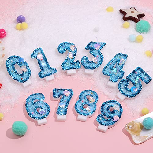 KINBOM 3inch Birthday Number Candles, Blue Glitter Number Candle Cake Topper Shell Sequins Cake Numeral Candles Number Candles for Birthday Anniversary Mermaid Themed Party (Number 7)