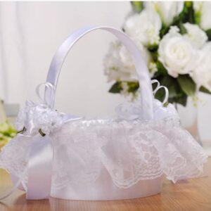 2 PCS Wedding Flower Baskets for Girls,Creative Hand-held Lace Romantic White Flower Baskets for for Flower Bride/Kids Hand Held Wedding Ceremony Party Accessories