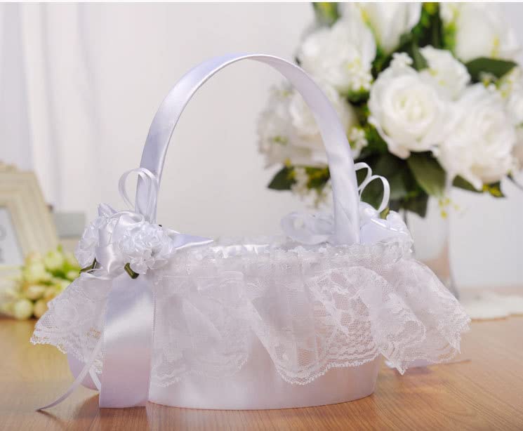 2 PCS Wedding Flower Baskets for Girls,Creative Hand-held Lace Romantic White Flower Baskets for for Flower Bride/Kids Hand Held Wedding Ceremony Party Accessories