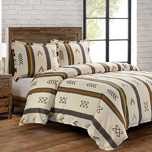 HiEnd Accents Toluca Canvas Western Bedding 3 Piece Super King Duvet Covet Set, Cattle Brand Symbols Print, Striped Cotton Rustic Cabin Lodge Bed Set, 1 Comforter Cover, 2 Pillowcases