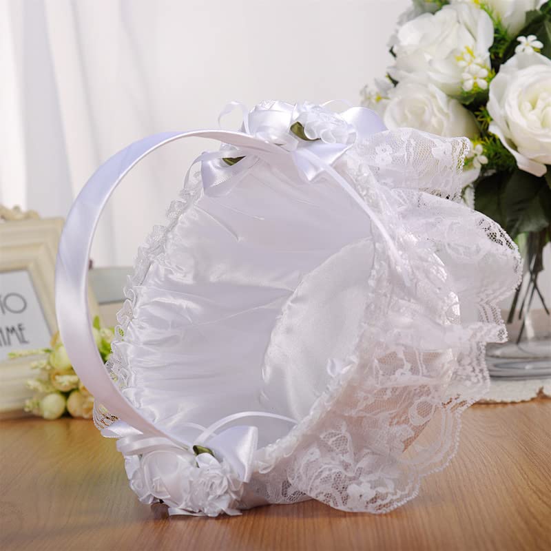 2 PCS Wedding Flower Baskets for Girls,Creative Hand-held Lace Romantic White Flower Baskets for for Flower Bride/Kids Hand Held Wedding Ceremony Party Accessories