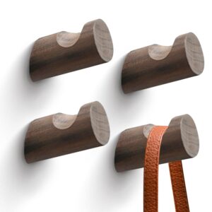 loengmax wood wall hooks,4 pack coat hooks wall mounted, modern hat hooks for wall, wall hanger for hanging coat towel hat bag robe jacket clothes (walnut wood)