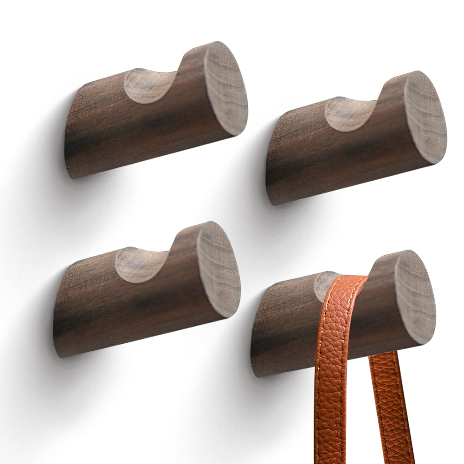 LoengMax Wood Wall Hooks,4 Pack Coat Hooks Wall Mounted, Modern Hat Hooks for Wall, Wall Hanger for Hanging Coat Towel Hat Bag Robe Jacket Clothes (Walnut Wood)