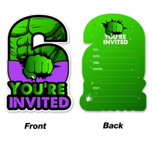 20 Super Hero 6th Birthday Party Invitations with Envelopes Double Sided Green Superhero Shaped Fill-in Invitations Invites for 6 Year Old