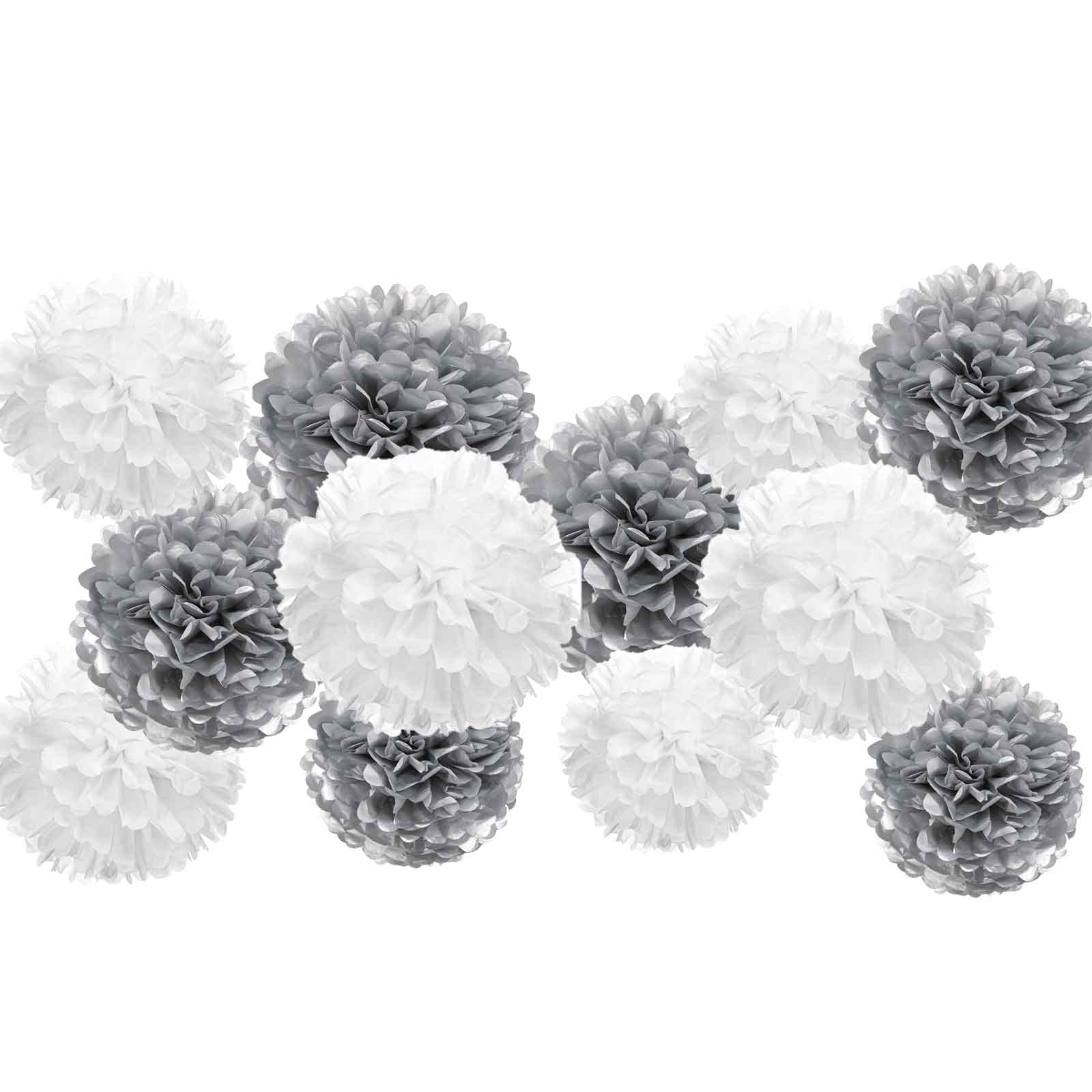 AIM & GGKK Paper Pom Poms White and Silver Tissue Hanging Paper Pom Poms,Flower Ball Wedding Birthday Party Decoration(12pcs,8"&10"&12")