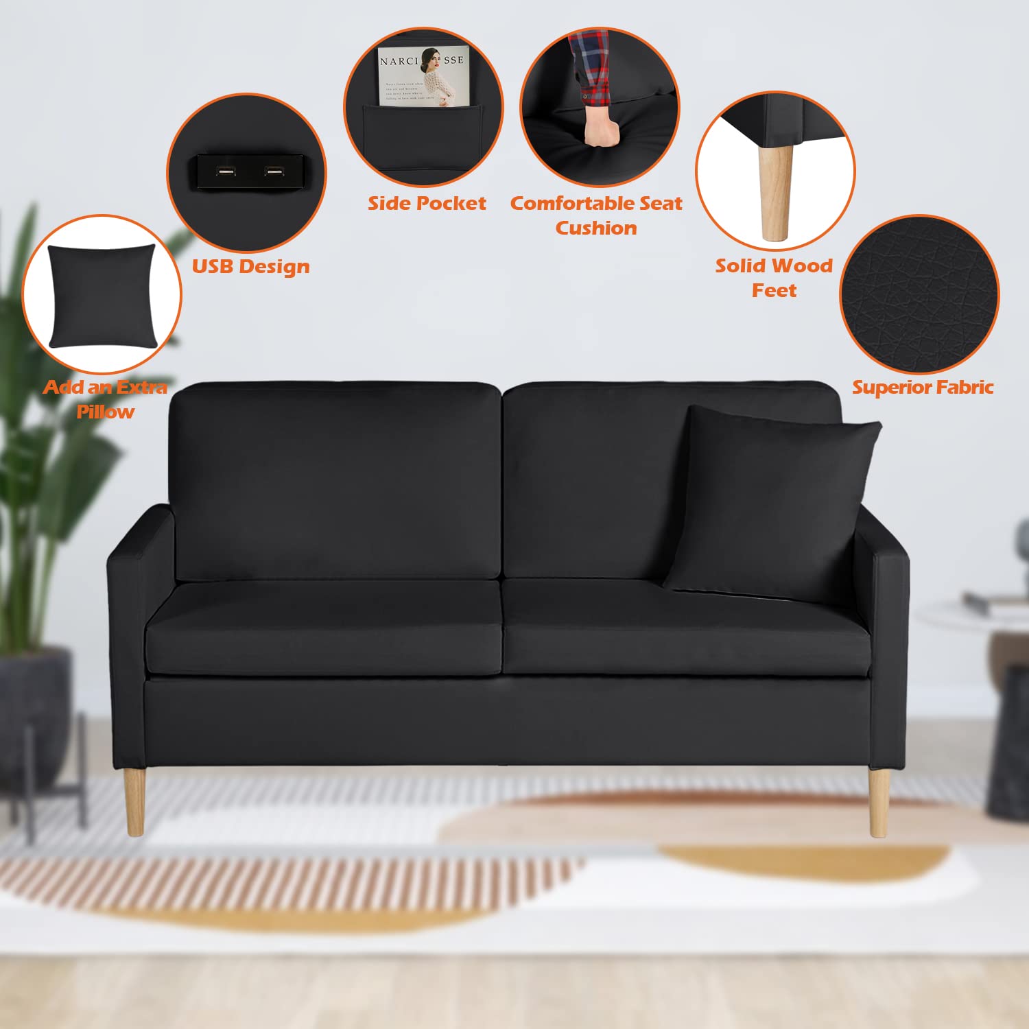 AILEEKISS Mid-Century Sectional Sofa Sets 2 Pieces Faux Leather Loveseat Couches with 2 USB Living Room Furniture Accent Arm Chairs for Small Space, Apartment, Office (Black, 1-Seater+3-Seater)