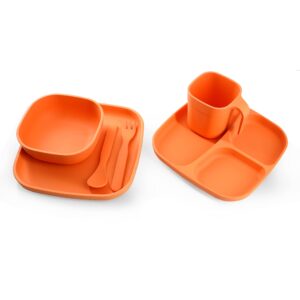 Corndrop Suction Plates for Toddlers Baby Set of 6 - Shatter Proof, Eco-Friendly, Stylish and Reusable PLA Kids Dinnerware Sets - Including Square Bowl, Cup, Spoon, Fork, and 2 Plates(Orange)