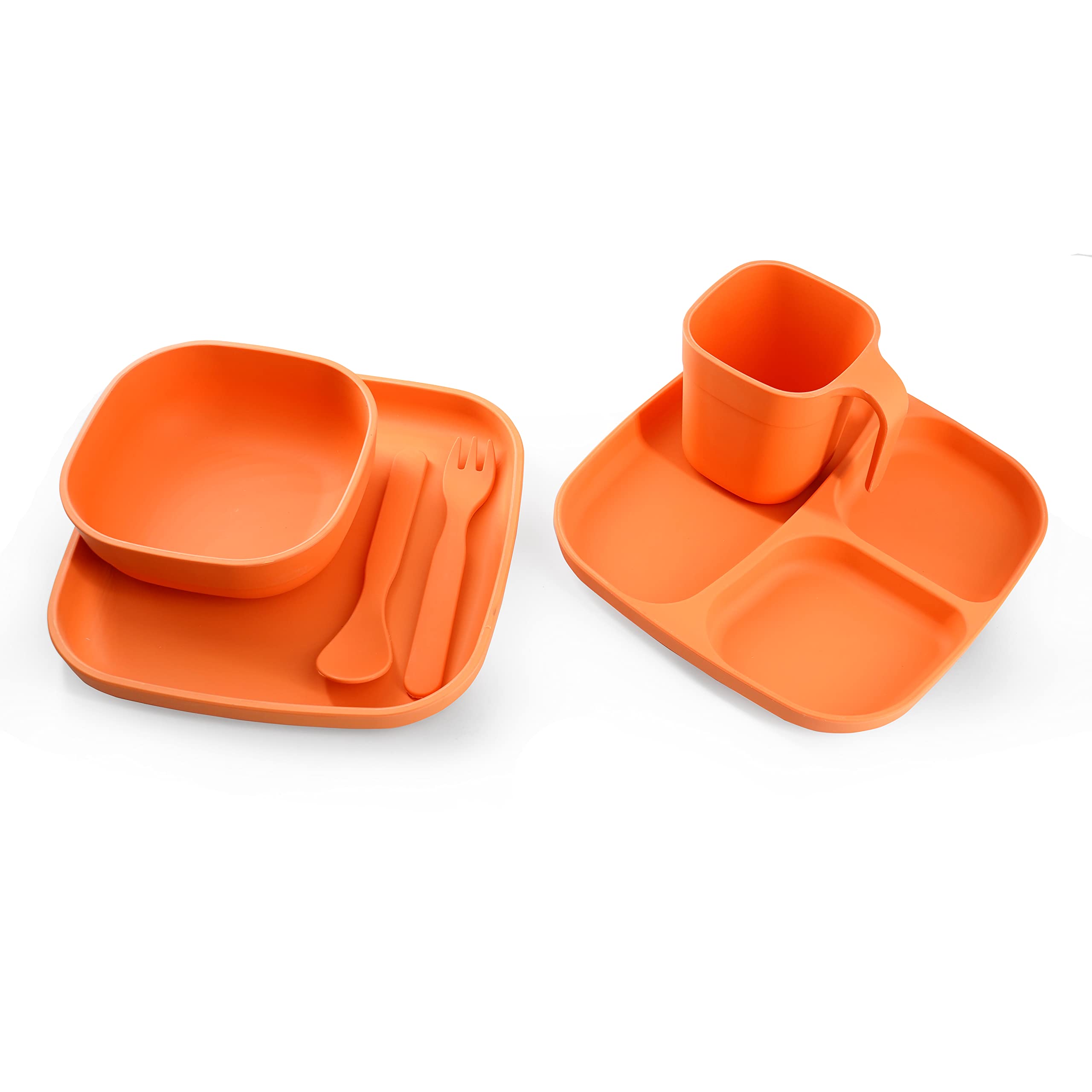 Corndrop Suction Plates for Toddlers Baby Set of 6 - Shatter Proof, Eco-Friendly, Stylish and Reusable PLA Kids Dinnerware Sets - Including Square Bowl, Cup, Spoon, Fork, and 2 Plates(Orange)