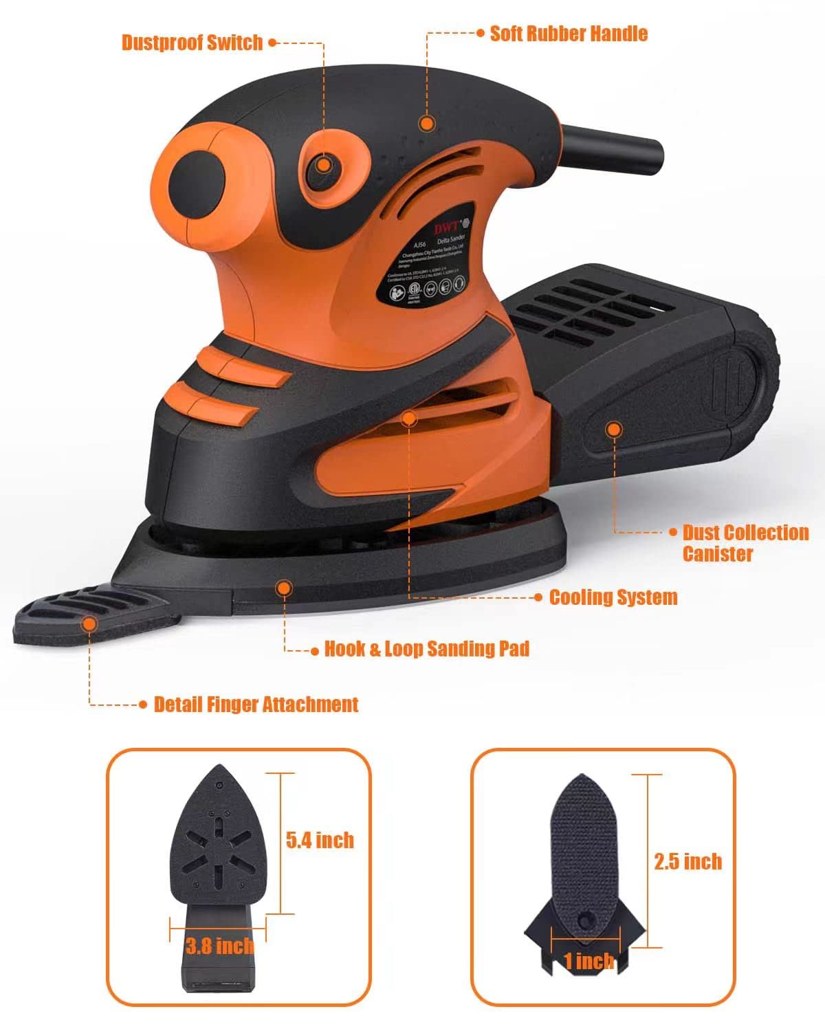 DWT Detail Sander, 1.5A 15000 OPM Electric Sander with 24pcs Sandpapers, Efficient Dust Collection System & Detail Finger Attachment, Soft Grip Handle, Compact Hand Sander for Woodworking