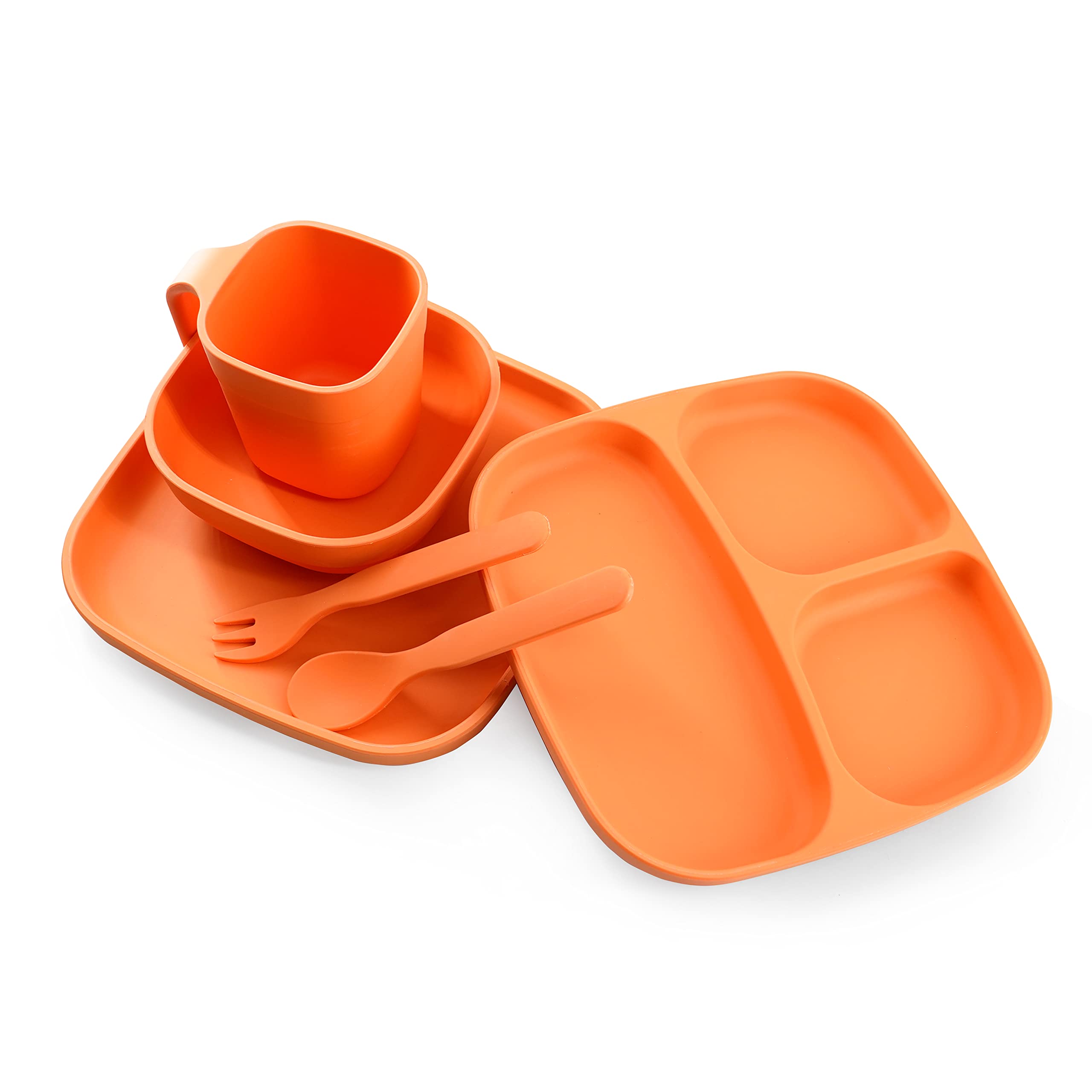 Corndrop Suction Plates for Toddlers Baby Set of 6 - Shatter Proof, Eco-Friendly, Stylish and Reusable PLA Kids Dinnerware Sets - Including Square Bowl, Cup, Spoon, Fork, and 2 Plates(Orange)