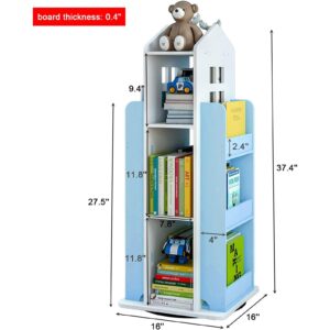 mopam 360° Rotating House Bookshelf 3-Tier Floor Standing Revolving House Bookcase Book Storage Shelf Organizer for Home Office Decor, Blue