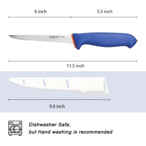 BOLEXINO 6 Inch Boning Knife, Flexible Straight Blade Processing Knife, Super Sharp Fillet Knife, German Stainless Steel Chef Knife W/Non-slip Softgrip, Prep Chicken & Fish with Ease (Blue)