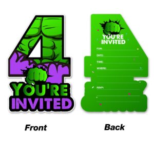 20 Super Hero 4th Birthday Party Invitations with Envelopes Double Sided Green Superhero Shaped Fill-in Invitations Invites for 4 Year Old