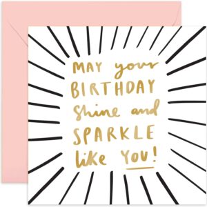 old english co. shine and sparkle like you birthday card for her - black gold foil stylish greeting card for wife, sister, niece, daughter | birthday card for woman | blank inside & envelope included