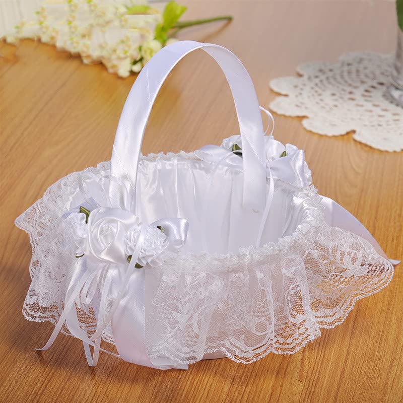 2 PCS Wedding Flower Baskets for Girls,Creative Hand-held Lace Romantic White Flower Baskets for for Flower Bride/Kids Hand Held Wedding Ceremony Party Accessories